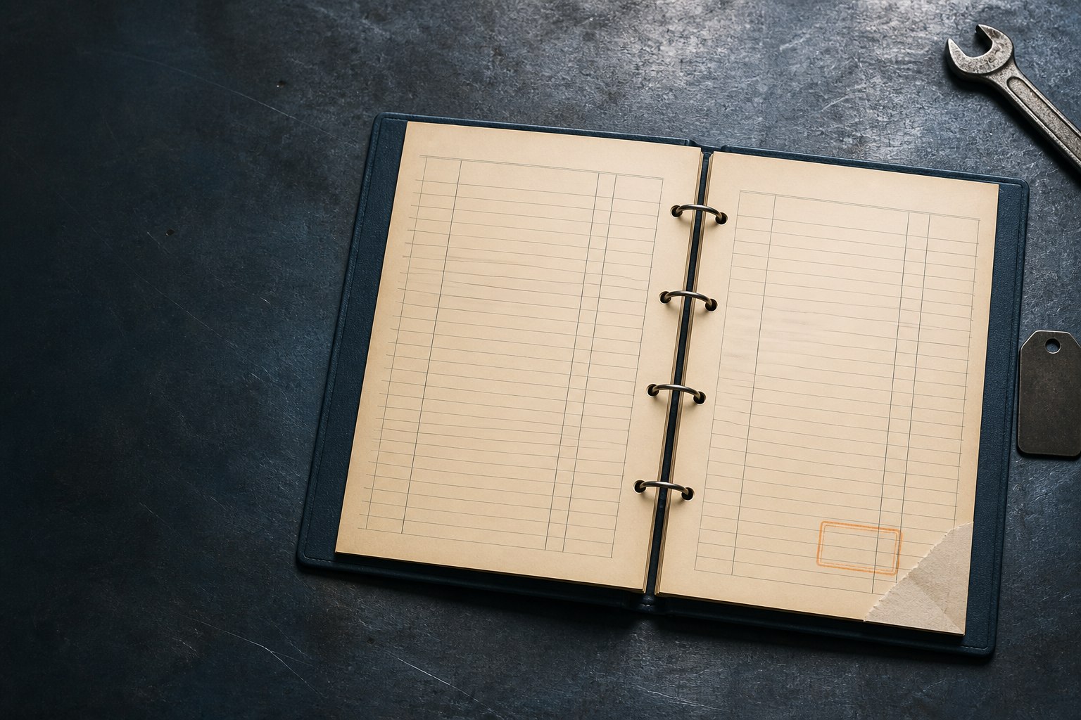 Carnet d’entretien ouvert sur un établi en acier